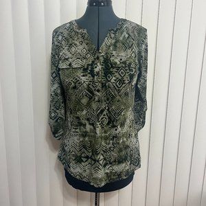 Stitch B Collection- Green and cream Henley style top Size M